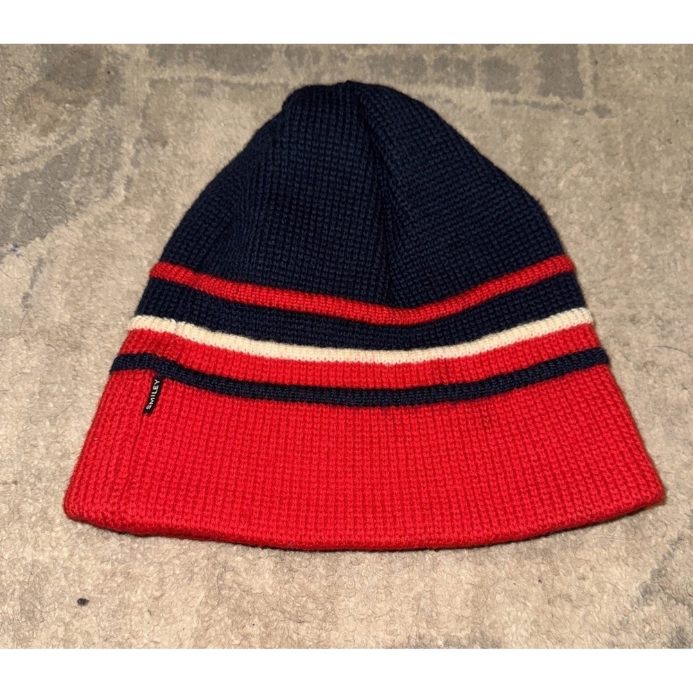 VTG Smiley Ski Hat Red Black Off-White Wool Knit‎ Beanie Made in Sparks Nevada